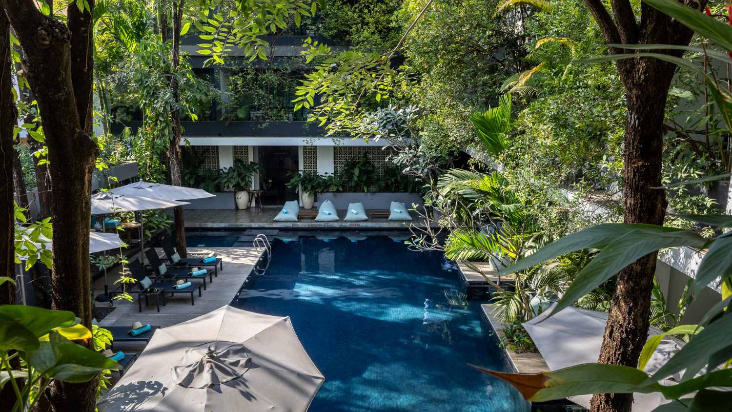 Anjali by Syphon tranquil outdoor pool area in Siem Reap, surrounded by lush greenery and trees, with lounge chairs and umbrellas, next to a white building.